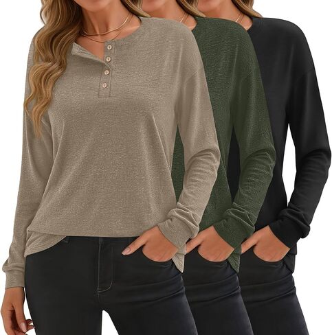 Riyiper 3 Pack Women's Long Sleeve Henley Tops, V Neck Button Up Tunic Top Casual Shirts Loose Fit T Shirts Pullover Tunics in Saudi Arabia