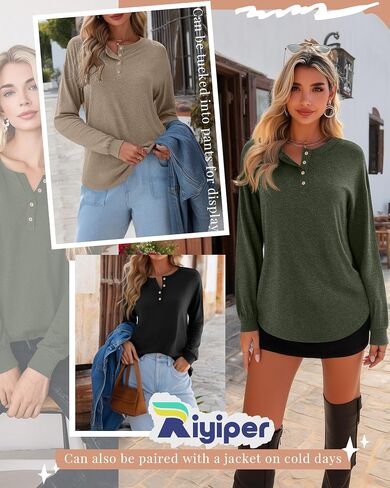 Riyiper 3 Pack Women's Long Sleeve Henley Tops, V Neck Button Up Tunic Top Casual Shirts Loose Fit T Shirts Pullover Tunics in Saudi Arabia