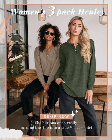 Riyiper 3 Pack Women's Long Sleeve Henley Tops, V Neck Button Up Tunic Top Casual Shirts Loose Fit T Shirts Pullover Tunics in Saudi Arabia