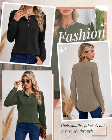 Riyiper 3 Pack Women's Long Sleeve Henley Tops, V Neck Button Up Tunic Top Casual Shirts Loose Fit T Shirts Pullover Tunics in Saudi Arabia