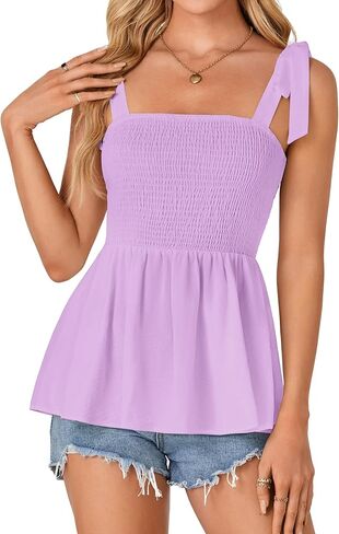 Vrtige Women's Casual Tie Shoulder Shirred Ruffle Hem Strappy Sleeveless Tank Blouse Peplum Top in Saudi Arabia