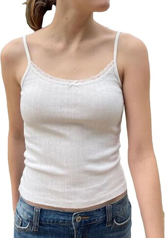 Cioatin Women Cute Y2K Lace Trim Bow Pointelle Knit Crop Cami Tank Sleeveless Slim Fit Minimalist Summer Going Out Tops Girls in Kuwait