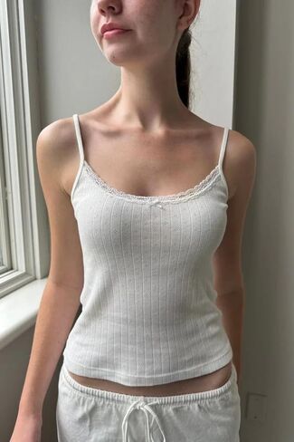 Cioatin Women Cute Y2K Lace Trim Bow Pointelle Knit Crop Cami Tank Sleeveless Slim Fit Minimalist Summer Going Out Tops Girls in Kuwait