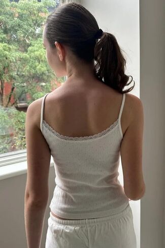 Cioatin Women Cute Y2K Lace Trim Bow Pointelle Knit Crop Cami Tank Sleeveless Slim Fit Minimalist Summer Going Out Tops Girls in Kuwait