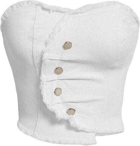 WDIRARA Women's Y2k Button Denim Tube Tops Strapless Asymmetrical Crop Top Sleeveless Zipper Back Bandeau in Saudi Arabia