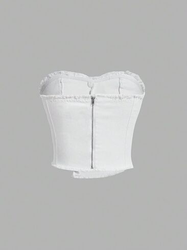 WDIRARA Women's Y2k Button Denim Tube Tops Strapless Asymmetrical Crop Top Sleeveless Zipper Back Bandeau in Saudi Arabia