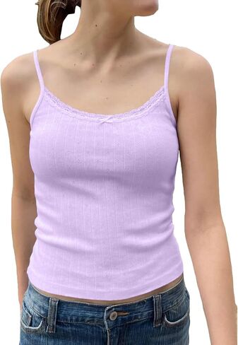 Cioatin Women Cute Y2K Lace Trim Bow Pointelle Knit Crop Cami Tank Sleeveless Slim Fit Minimalist Summer Going Out Tops Girls in Kuwait