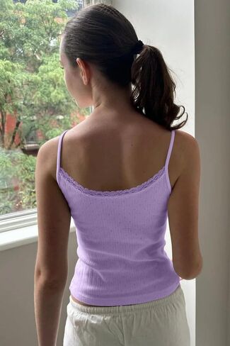 Cioatin Women Cute Y2K Lace Trim Bow Pointelle Knit Crop Cami Tank Sleeveless Slim Fit Minimalist Summer Going Out Tops Girls in Kuwait