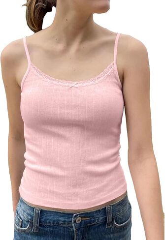 Cioatin Women Cute Y2K Lace Trim Bow Pointelle Knit Crop Cami Tank Sleeveless Slim Fit Minimalist Summer Going Out Tops Girls in Kuwait
