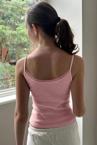 Cioatin Women Cute Y2K Lace Trim Bow Pointelle Knit Crop Cami Tank Sleeveless Slim Fit Minimalist Summer Going Out Tops Girls in Kuwait