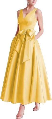 Tea Length Mother of The Bride Dresses Satin Sleeveless V Neck Evening Formal Dress with Bow JS330 in Saudi Arabia