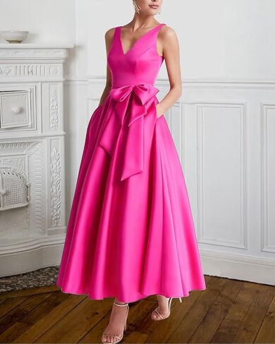 Tea Length Mother of The Bride Dresses Satin Sleeveless V Neck Evening Formal Dress with Bow JS330 in Saudi Arabia