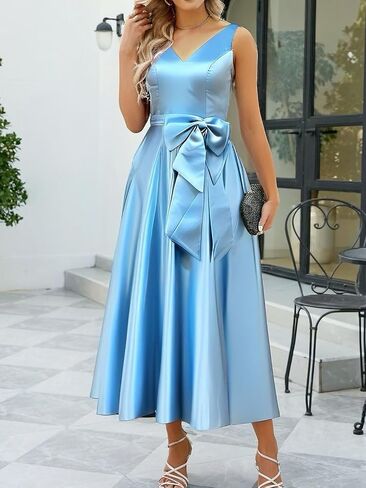 Tea Length Mother of The Bride Dresses Satin Sleeveless V Neck Evening Formal Dress with Bow JS330 in Saudi Arabia