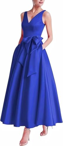 Tea Length Mother of The Bride Dresses Satin Sleeveless V Neck Evening Formal Dress with Bow JS330 in Saudi Arabia