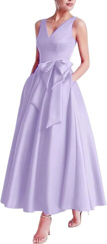 Tea Length Mother of The Bride Dresses Satin Sleeveless V Neck Evening Formal Dress with Bow JS330 in Saudi Arabia