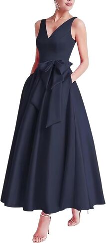 Tea Length Mother of The Bride Dresses Satin Sleeveless V Neck Evening Formal Dress with Bow JS330 in Saudi Arabia