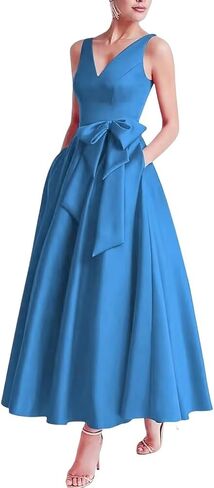 Tea Length Mother of The Bride Dresses Satin Sleeveless V Neck Evening Formal Dress with Bow JS330 in Saudi Arabia