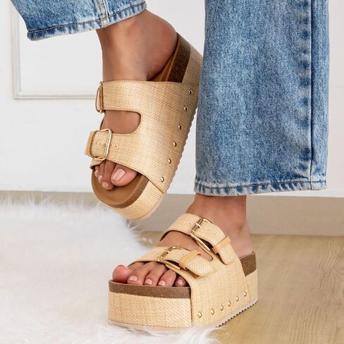 Makers Shoes - NINA 1 - Platform Double Buckle Sandals with Cork Footbed in Kuwait