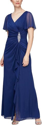 Alex Evenings Women's Long Surplice Neckline Mother of The Bride Dress with Flutter Sleeves and Hip Embellishment in Saudi Arabia