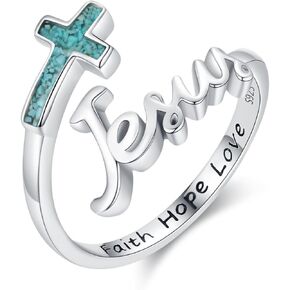 Midir&Etain Faith Cross Ring S925 Sterling Silver Mustard Seed Adjustable Open Rings Turquoise Cross Ring for Women Faith Jewelry Gifts in Kuwait