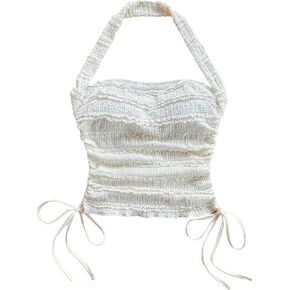 MakeMeChic Women's Halter Top Drawstring Tie Ruched Sleeveless Summer Shirt Backless Going Out Crop Cami Tops in Saudi Arabia