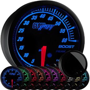 GlowShift Elite 10 Color 60 PSI Boost Gauge Kit - Includes Electronic Pressure Sensor - Black Dial - Tinted Lens - Peak Recall Function - for Diesel Trucks - 2-1/16" 52mm in Kuwait