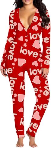Women Sexy Deep V-Neck Button Bodycon Jumpsuit Letters Hearts Printed Long-Sleeve Valentines Pajama Onesie in Kuwait