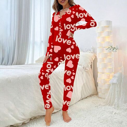 Women Sexy Deep V-Neck Button Bodycon Jumpsuit Letters Hearts Printed Long-Sleeve Valentines Pajama Onesie in Kuwait