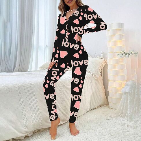Women Sexy Deep V-Neck Button Bodycon Jumpsuit Letters Hearts Printed Long-Sleeve Valentines Pajama Onesie in Kuwait