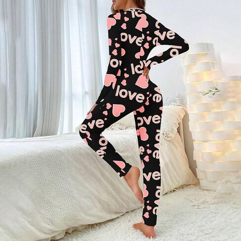 Women Sexy Deep V-Neck Button Bodycon Jumpsuit Letters Hearts Printed Long-Sleeve Valentines Pajama Onesie in Kuwait