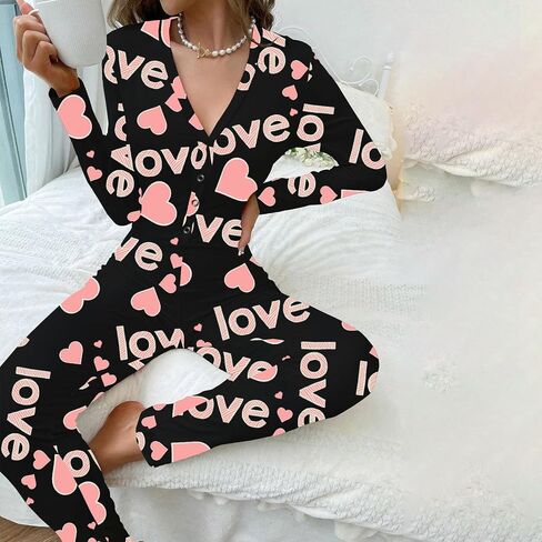 Women Sexy Deep V-Neck Button Bodycon Jumpsuit Letters Hearts Printed Long-Sleeve Valentines Pajama Onesie in Kuwait