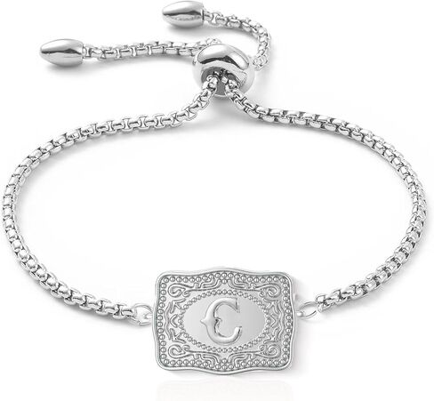 Belt Buckle Bracelet with Initial Silver Western Cow Tag Bracelet Adjustable Mini Initial Letter A-Z Bracelets Western Cowboy Personalized Jewelry for Women in Saudi Arabia
