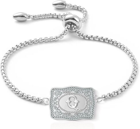 Belt Buckle Bracelet with Initial Silver Western Cow Tag Bracelet Adjustable Mini Initial Letter A-Z Bracelets Western Cowboy Personalized Jewelry for Women in Saudi Arabia