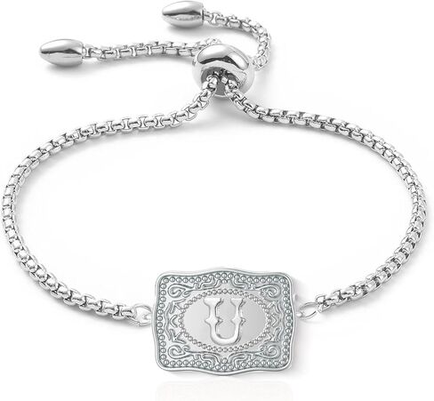Belt Buckle Bracelet with Initial Silver Western Cow Tag Bracelet Adjustable Mini Initial Letter A-Z Bracelets Western Cowboy Personalized Jewelry for Women in Saudi Arabia