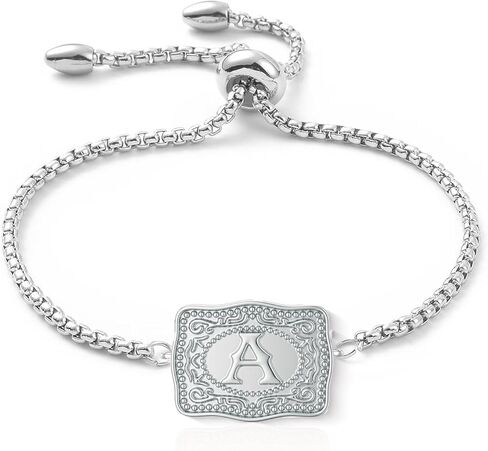 Belt Buckle Bracelet with Initial Silver Western Cow Tag Bracelet Adjustable Mini Initial Letter A-Z Bracelets Western Cowboy Personalized Jewelry for Women in Saudi Arabia