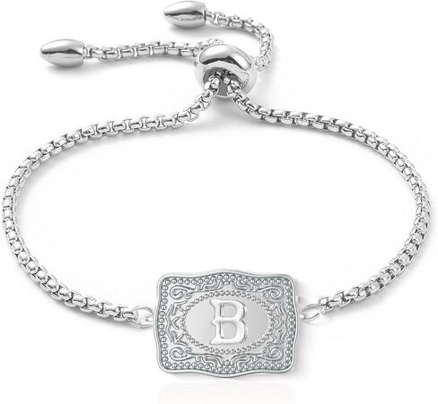 Belt Buckle Bracelet with Initial Silver Western Cow Tag Bracelet Adjustable Mini Initial Letter A-Z Bracelets Western Cowboy Personalized Jewelry for Women in Saudi Arabia