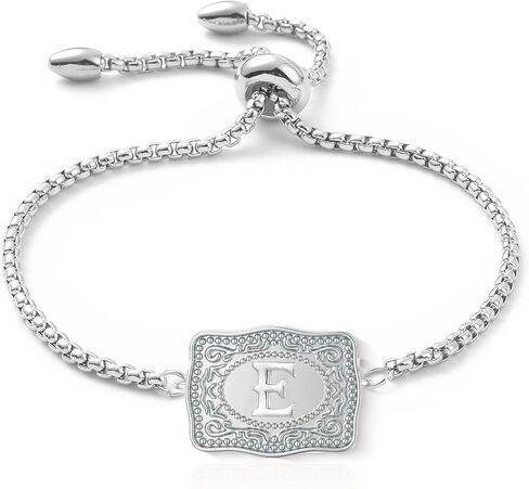 Belt Buckle Bracelet with Initial Silver Western Cow Tag Bracelet Adjustable Mini Initial Letter A-Z Bracelets Western Cowboy Personalized Jewelry for Women in Saudi Arabia