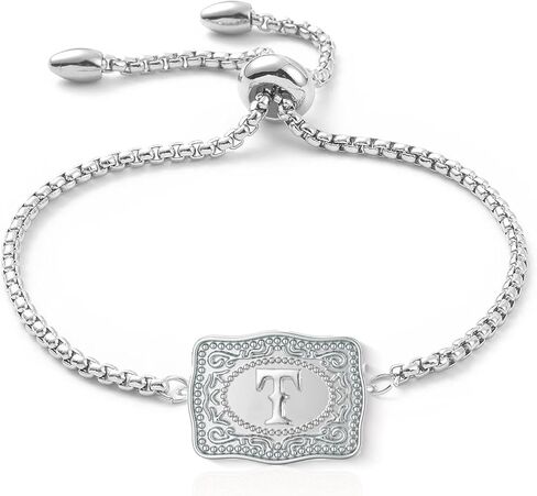 Belt Buckle Bracelet with Initial Silver Western Cow Tag Bracelet Adjustable Mini Initial Letter A-Z Bracelets Western Cowboy Personalized Jewelry for Women in Saudi Arabia
