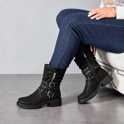 Women's Extra Wide Width Ankle Boots True Plus Size Wide Foot Low Heeled Slouchy Booties Comfort Riding Combat Rivet Short Boots for Women. in Saudi Arabia
