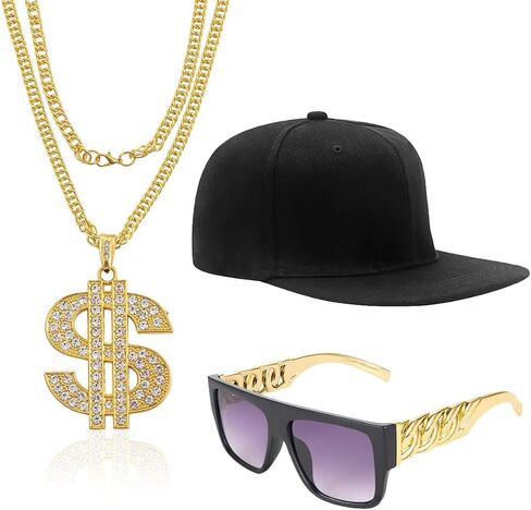 Hip Hop Costume Kit Gold Rapper Hat Sunglasses Gold Dollar Sign Pendant Necklaces 80s/90s Rapper Accessories in Saudi Arabia