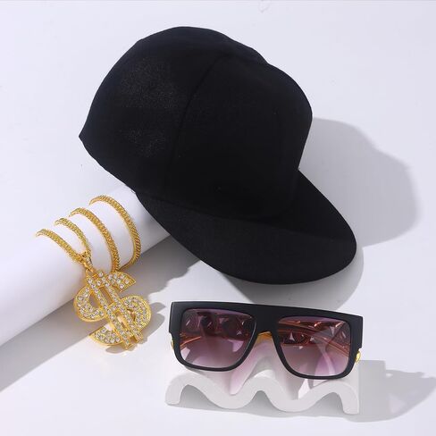 Hip Hop Costume Kit Gold Rapper Hat Sunglasses Gold Dollar Sign Pendant Necklaces 80s/90s Rapper Accessories in Saudi Arabia
