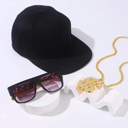 Hip Hop Costume Kit Gold Rapper Hat Sunglasses Gold Dollar Sign Pendant Necklaces 80s/90s Rapper Accessories in Saudi Arabia