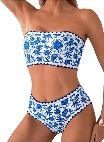 فرقة فيردوسا للسيدات 2 Peice Floral Bandeau Swimsuits High Chemed Cheeky Backini Bikini in Kuwait