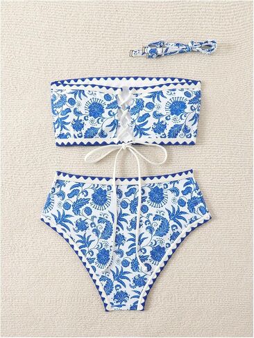 فرقة فيردوسا للسيدات 2 Peice Floral Bandeau Swimsuits High Chemed Cheeky Backini Bikini in Kuwait