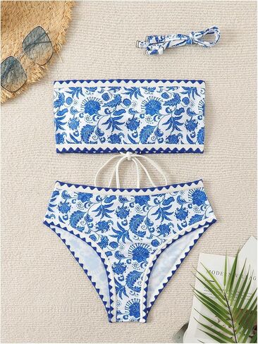 فرقة فيردوسا للسيدات 2 Peice Floral Bandeau Swimsuits High Chemed Cheeky Backini Bikini in Kuwait