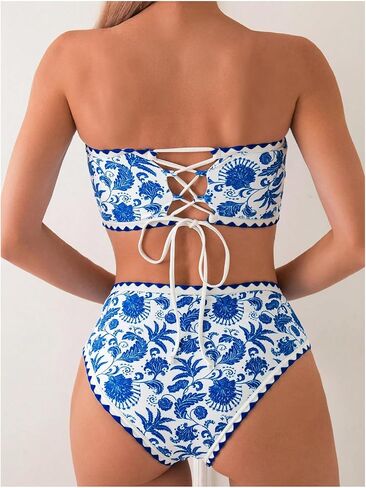 فرقة فيردوسا للسيدات 2 Peice Floral Bandeau Swimsuits High Chemed Cheeky Backini Bikini in Kuwait