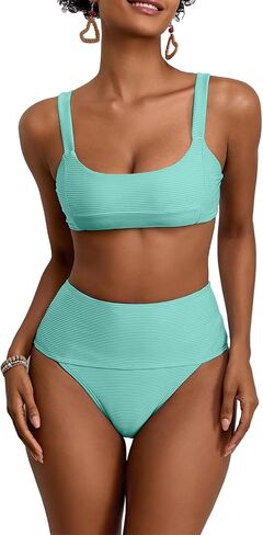 Womens High Waisted Bikini Set Ribbed Scoop Neck Bandeau Swimsuit Cheeky High Cut Grils Sporty Bathing Suits in Saudi Arabia