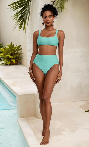 Womens High Waisted Bikini Set Ribbed Scoop Neck Bandeau Swimsuit Cheeky High Cut Grils Sporty Bathing Suits in Saudi Arabia