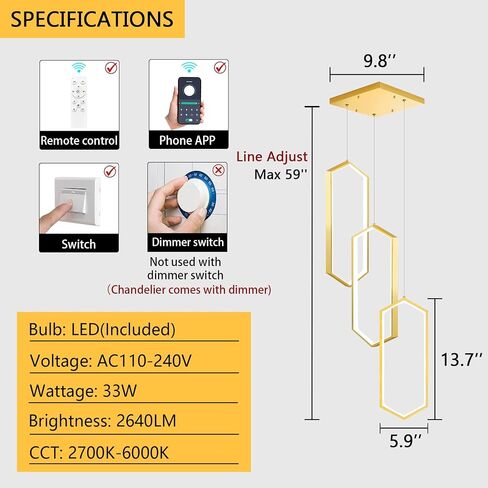 ثريا ذات 6 حلقات حديثة، ضوء LED ذهبي معاصر لمدخل غرفة المعيشة، ثريات سقف عالية قابلة للتعتيم مع جهاز تحكم عن بعد لبهو الفيلا in Saudi Arabia