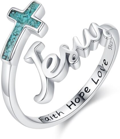 Midir&Etain Faith Cross Ring S925 Sterling Silver Mustard Seed Adjustable Open Rings Turquoise Cross Ring for Women Faith Jewelry Gifts in Kuwait